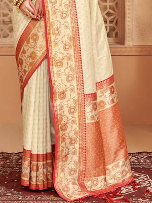 Off white heavy woven silk blend saree ceremonial looks 2