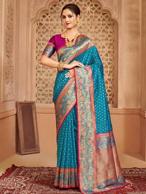 Blue heavy woven silk blend saree ceremonial looks 1