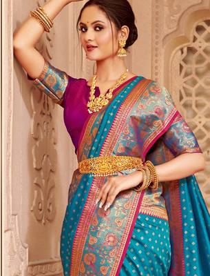 Blue heavy woven silk blend saree ceremonial looks 2