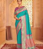 Sea green color heavy woven designer silk blended saree for ceremonial looks