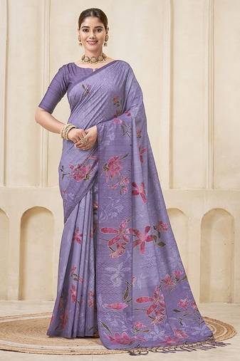 Purple color habotai silk fabric flower digital print with foil print graceful ceremonial saree