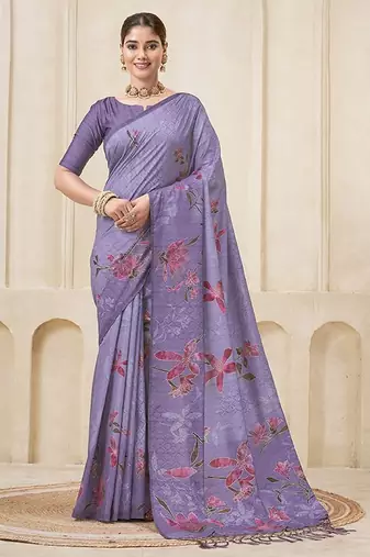 Purple color habotai silk fabric flower digital print with foil print graceful ceremonial saree