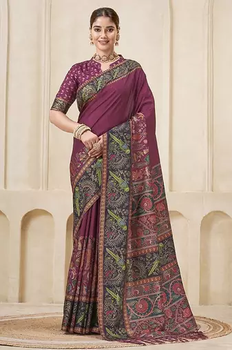 Pink color kundan fabric traditional digital print with foil print graceful ceremonial saree