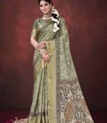 Pista green color habotai silk fabric flower design print with foil print graceful ceremonial saree