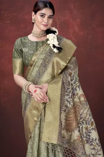 Pista green habotai silk blend flower design print with foil print graceful ceremonial saree