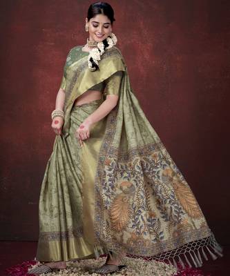 Pista green habotai silk blend flower design print with foil print graceful ceremonial saree 4