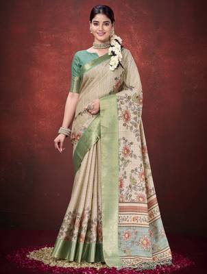 Cream mulbery jacquard silk blend traditional print graceful ceremonial saree 1
