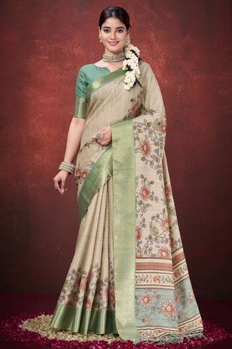 Cream color mulbery jacquard silk fabric traditional print graceful ceremonial saree