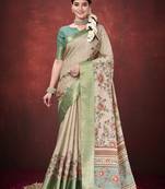 Cream color mulbery jacquard silk fabric traditional print graceful ceremonial saree