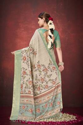 Cream mulbery jacquard silk blend traditional print graceful ceremonial saree 2