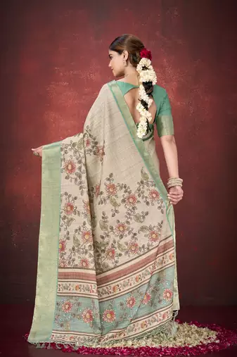 Cream mulbery jacquard silk blend traditional print graceful ceremonial saree