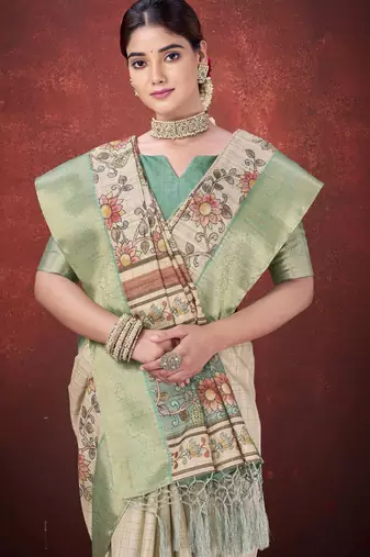 Cream mulbery jacquard silk blend traditional print graceful ceremonial saree