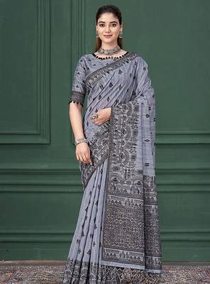 Blue warli silk blend warli print graceful ceremonial saree 1