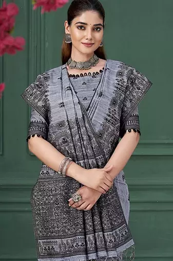 Blue warli silk blend warli print graceful ceremonial saree