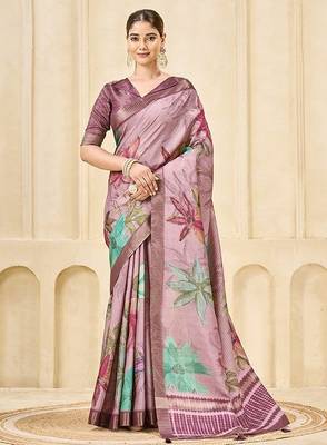 Pink signora zari checks silk blend floral digital print with foil print graceful ceremonial saree 1