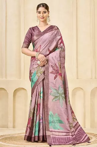 Pink color signora jari checks silk fabric floral digital print with foil print graceful ceremonial saree