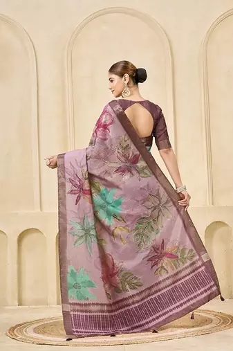 Pink signora zari checks silk blend floral digital print with foil print graceful ceremonial saree