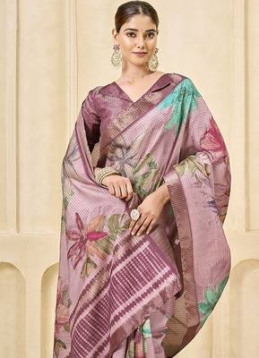 Pink signora zari checks silk blend floral digital print with foil print graceful ceremonial saree 3