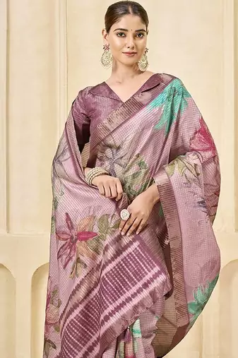 Pink signora zari checks silk blend floral digital print with foil print graceful ceremonial saree