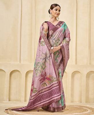 Pink signora zari checks silk blend floral digital print with foil print graceful ceremonial saree 4
