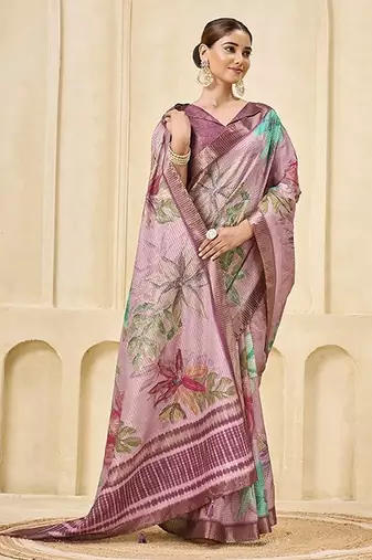 Pink signora zari checks silk blend floral digital print with foil print graceful ceremonial saree