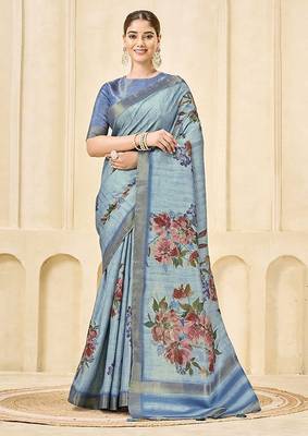 Sky blue signora zari checks silk blend floral digital print with foil print graceful ceremonial saree 1