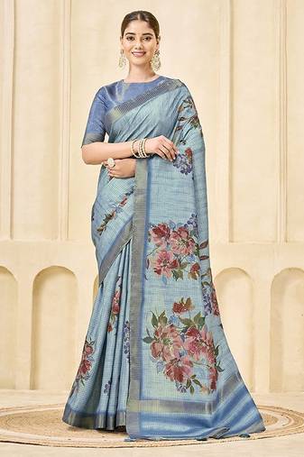 Sky blue color signora jari checks silk fabric floral digital print with foil print graceful ceremonial saree