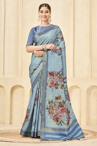 Sky blue color signora jari checks silk fabric floral digital print with foil print graceful ceremonial saree