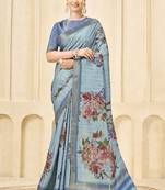 Sky blue color signora jari checks silk fabric floral digital print with foil print graceful ceremonial saree