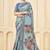 Sky blue color signora jari checks silk fabric floral digital print with foil print graceful ceremonial saree