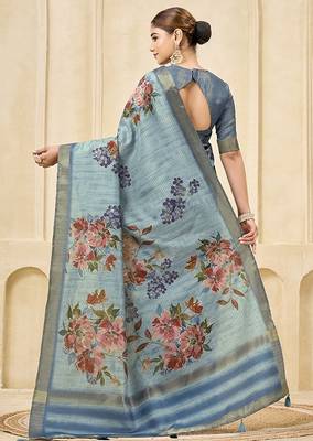 Sky blue signora zari checks silk blend floral digital print with foil print graceful ceremonial saree 2