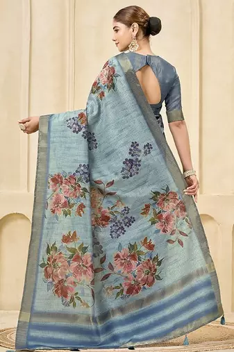 Sky blue signora zari checks silk blend floral digital print with foil print graceful ceremonial saree