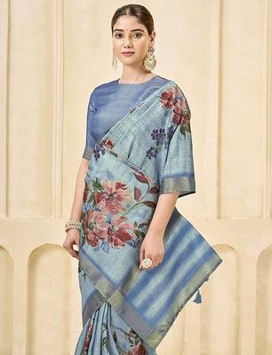 Sky blue signora zari checks silk blend floral digital print with foil print graceful ceremonial saree 3