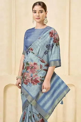 Sky blue signora zari checks silk blend floral digital print with foil print graceful ceremonial saree