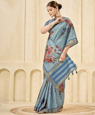 Sky blue signora zari checks silk blend floral digital print with foil print graceful ceremonial saree 4