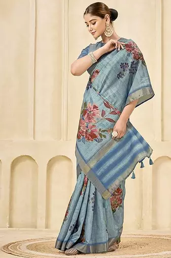 Sky blue signora zari checks silk blend floral digital print with foil print graceful ceremonial saree