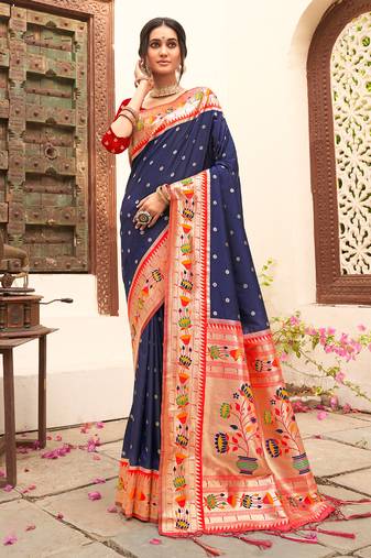 Navy blue color silk blended heavy woven designer ethnic partywear saree