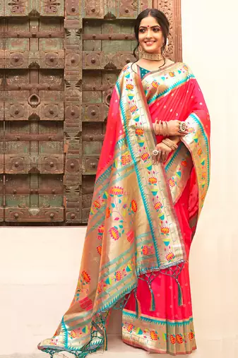 Pink color silk blended heavy woven designer ethnic partywear saree