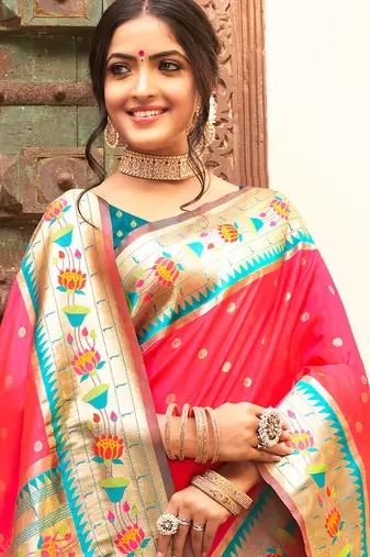 Pink silk blend heavy woven ethnic partywear saree