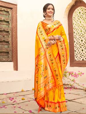 Yellow silk blend heavy woven ethnic partywear saree 1