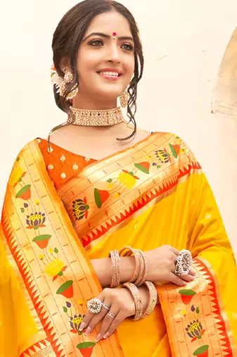 Yellow silk blend heavy woven ethnic partywear saree