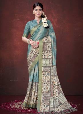 Sky blue smart partywear habotai silk blend flower print with foil print saree 1