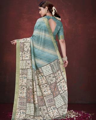 Sky blue smart partywear habotai silk blend flower print with foil print saree 2