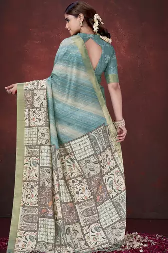 Sky blue smart partywear habotai silk blend flower print with foil print saree