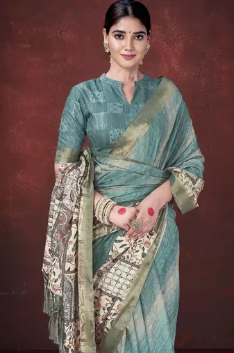 Sky blue smart partywear habotai silk blend flower print with foil print saree