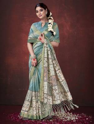Sky blue smart partywear habotai silk blend flower print with foil print saree 4