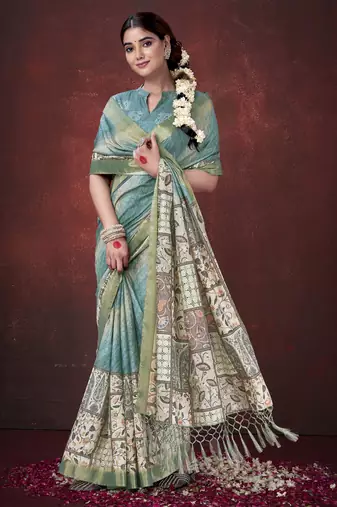 Sky blue smart partywear habotai silk blend flower print with foil print saree
