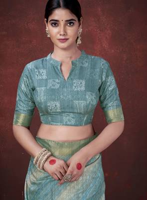 Sky blue smart partywear habotai silk blend flower print with foil print saree 5
