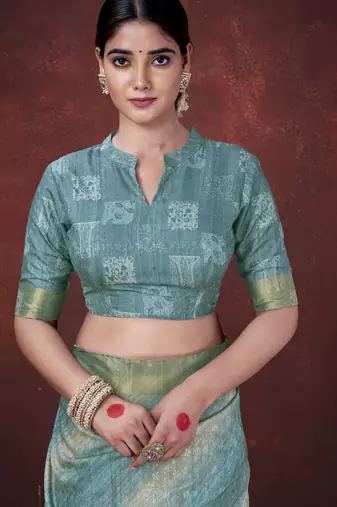Sky blue smart partywear habotai silk blend flower print with foil print saree