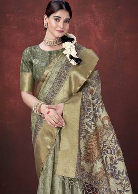 Pista green smart partywear habotai silk blend flower print with foil print saree 3
